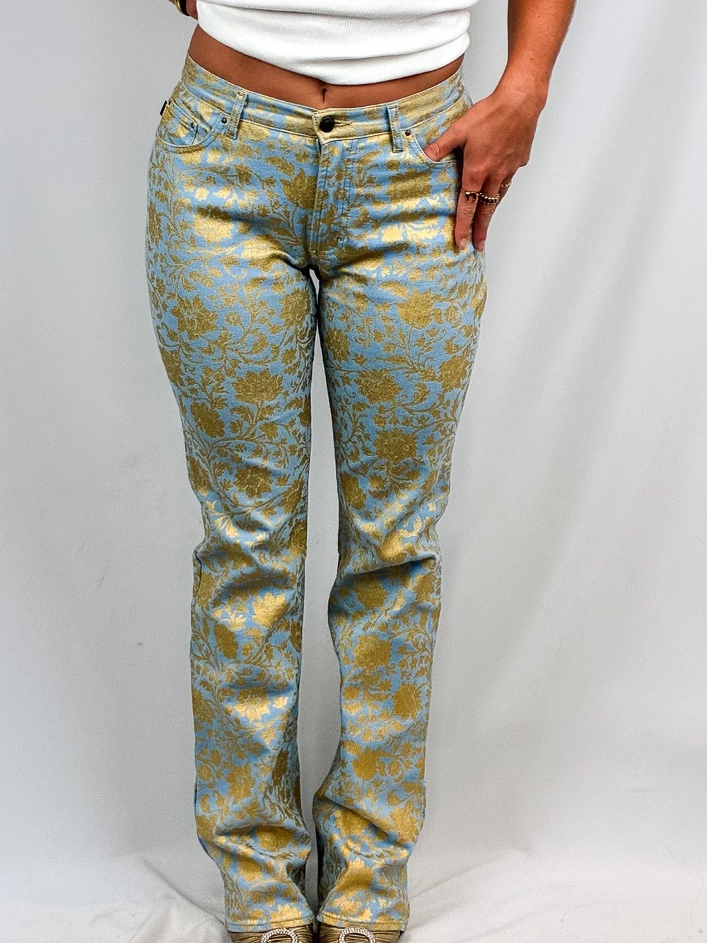 Vintage Just Cavalli Blue Gold Floral Baroque Bootcut Denim Jeans